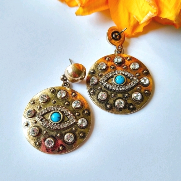 Evil Eye Crystal Vintage Gold Dangle Earrings - Picture 6 of 7